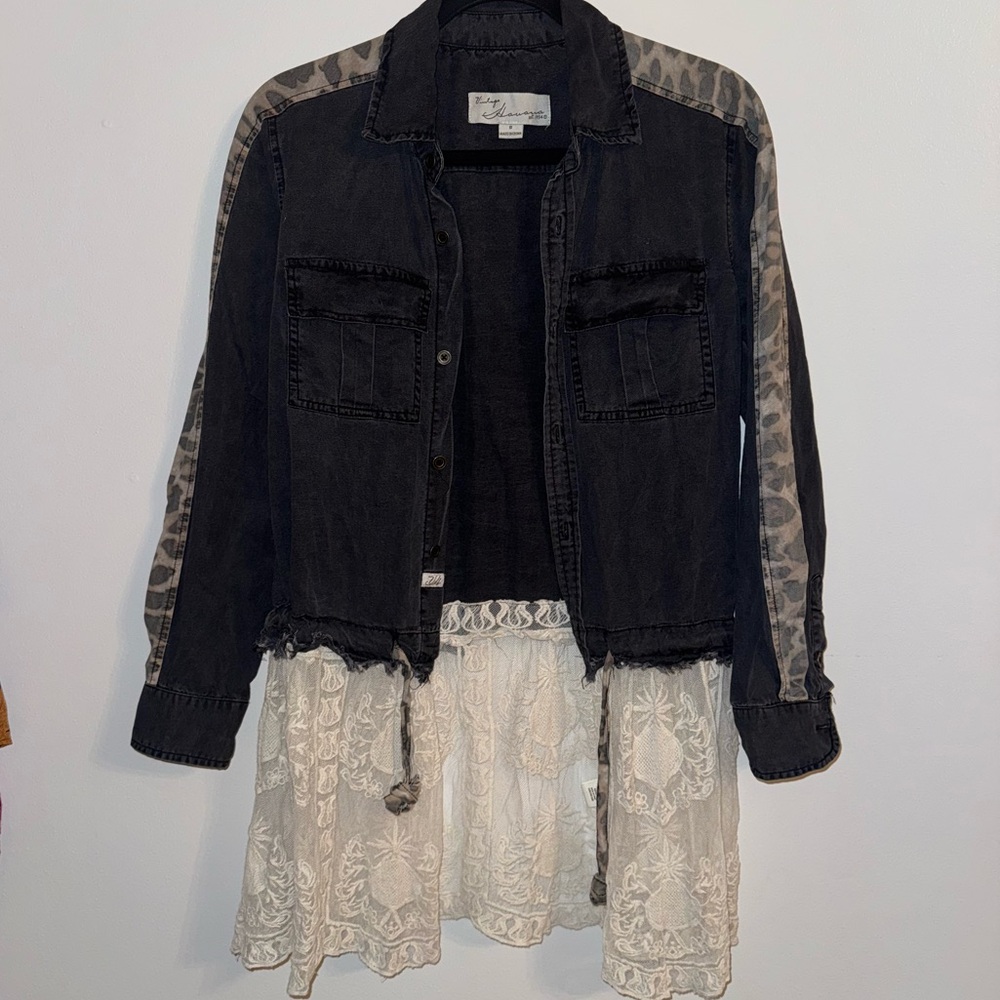 Black Chambray Jacket with Camo Detail & Lace Trim